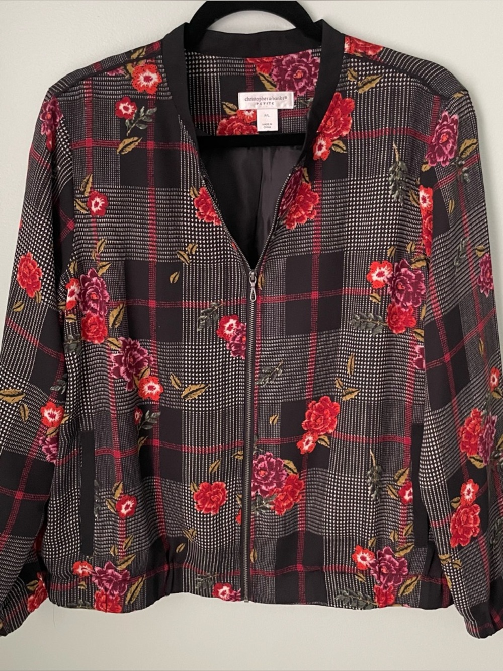 Christopher & Banks Floral Plaid Zip Bomber Jacket - Black with Red Flowers size